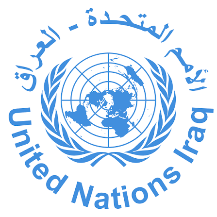 Logo of the United Nations for Iraq, featuring a world map and olive branches, with the text 'United Nations Iraq' in English and Arabic.